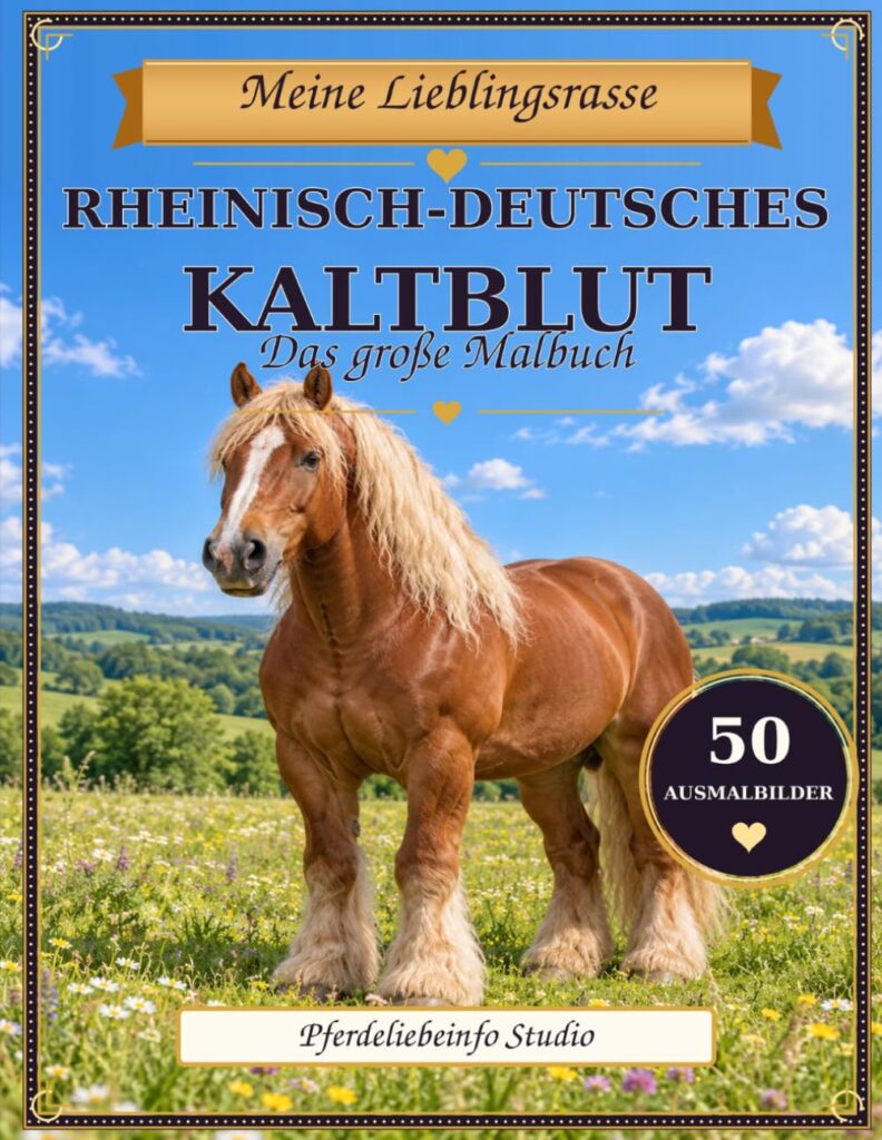 Cover des Rheinisch-Deutschen-Kaltblut-Ausmalbuchs mit einem hellbraunen Kaltblutpferd