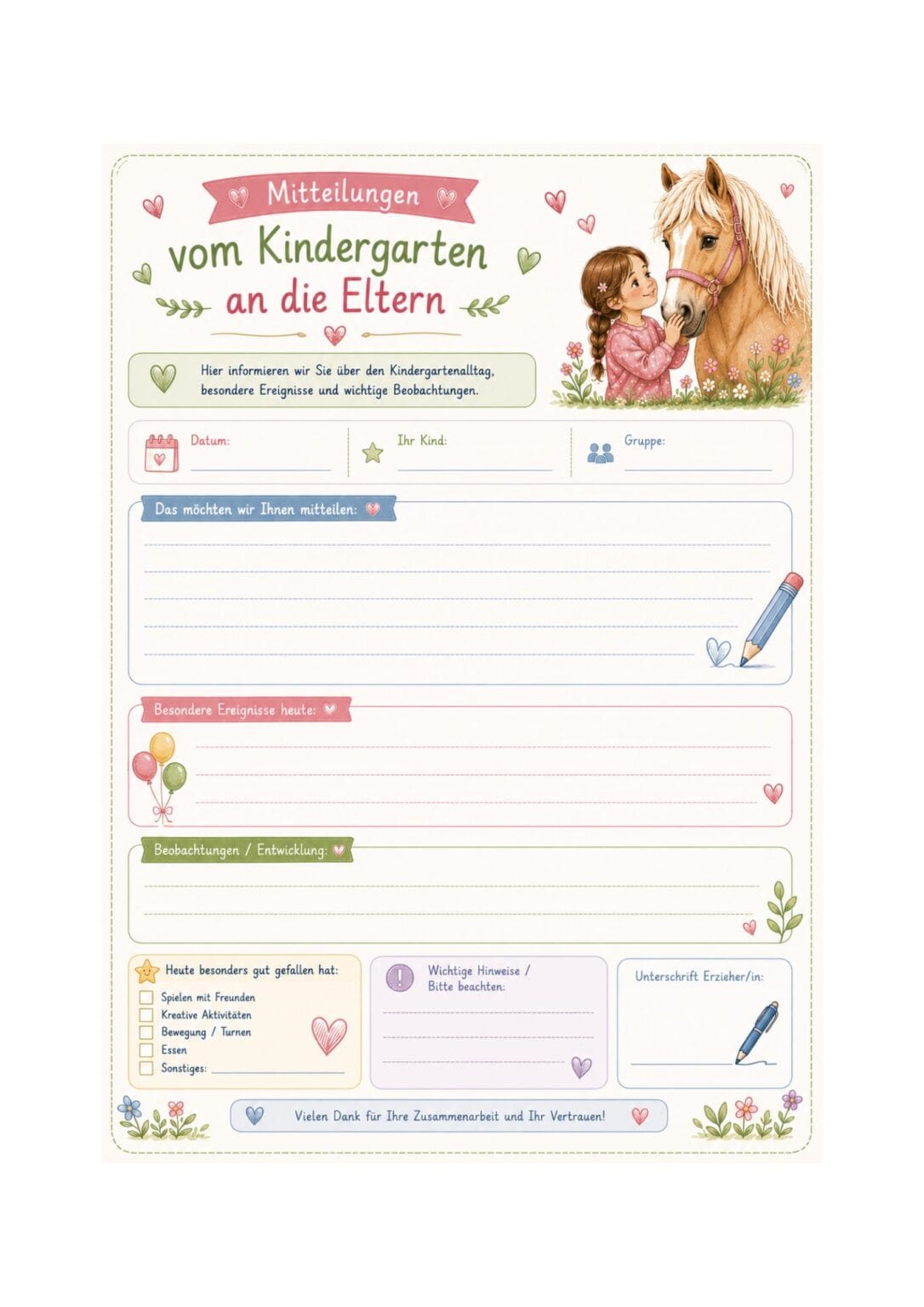 Beispielseite aus dem Mitteilungsbuch für Kindergarten und Elternhaus