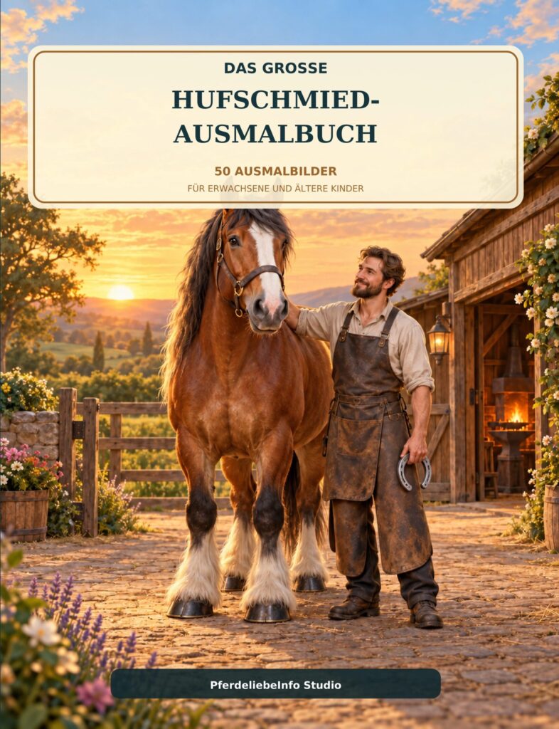 Cover des Hufschmied-Ausmalbuchs mit Pferd und Hufschmied vor einer Schmiede
