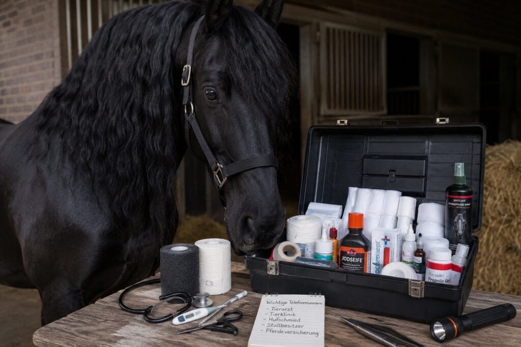 Schwarzes Pferd im Stall neben einem kleinen Fernseher und einer Tasse auf einem Tisch.